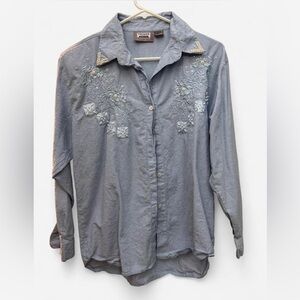 Premier International S vintage denim pearl embroidered cotton long sleeve shirt